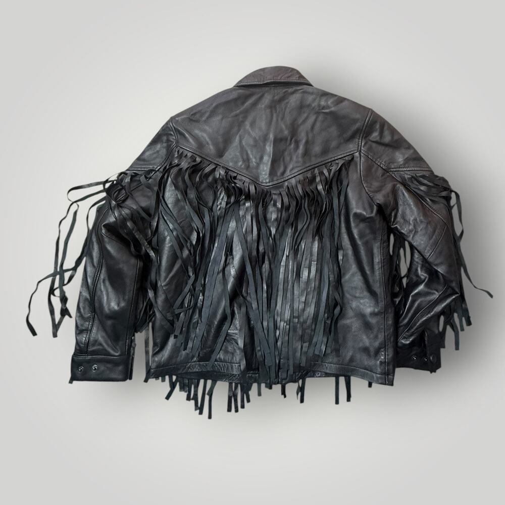 AMEN Collection Black 100% Sheep Leather Fringe Western Jacket Women’s L - Picture 3 of 13